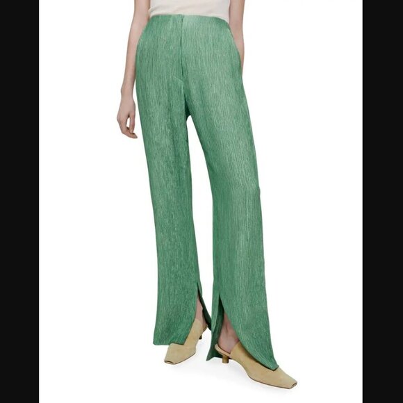 Nanushka Tabbie Green Metallic Crinkled Viscose Wide Leg Plisse Crepe Trousers L - Picture 1 of 11